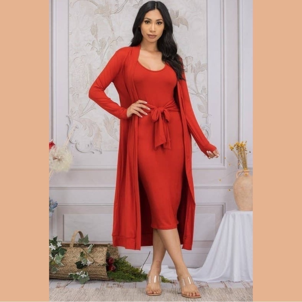 Chic Long Sleeve Red Dress with Matching Cardigan